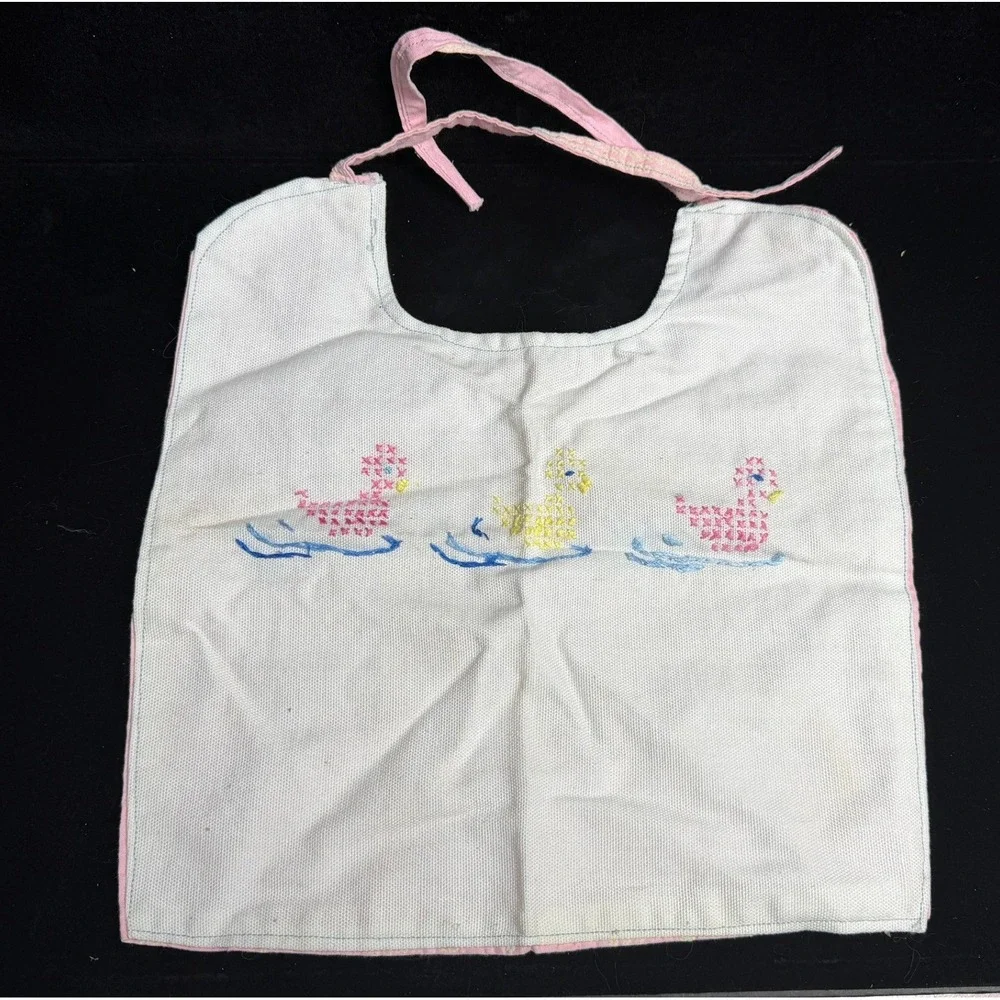 Vintage Handmade Cross Stitch Baby Bib Ducks Pink White Cotton Cottagecore Retro